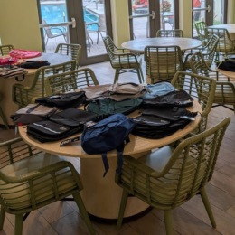 backpacks on a table